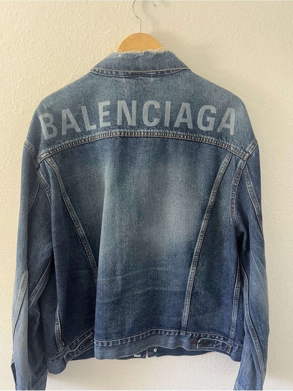 Balenciaga Men's Washed Blue Denim Jacket with Back Logo